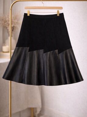 Patrizia Luca Black Faux Leather Panel Skirt Fit Flare Mini Midi Small Chic